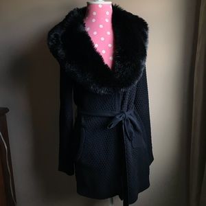 Black Sweater Coat with Faux Fur Trim